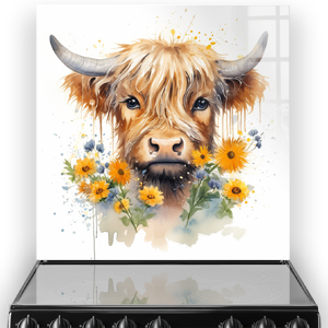 Highland cow with yellow flowers kitchen splashback art in soft cream and amber hues