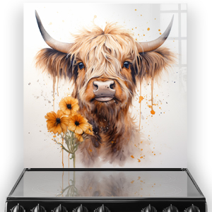 Artistic Highland Cow and orange flowers printed kitchen splashback