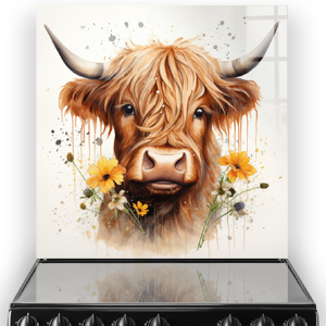 A detailed and captivating Highland cow art on a kitchen splashback, with brown tones and vivid yellow flowers, against a splattered white background.