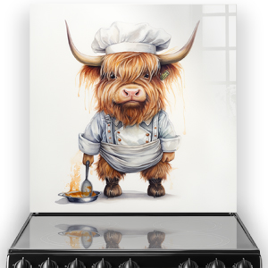 A highland cow in chefs hat cooking, as kitchen splashback art.