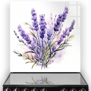 A watercolour painting of lavender flowers with violet and lilac hues on a kitchen splashback. thumbnail