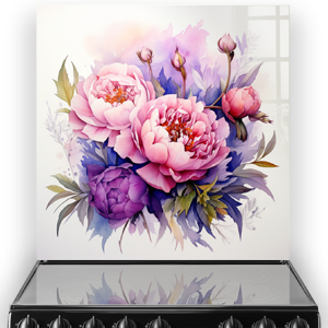 A kitchen splashback with watercolour peonies in shades of pink, purple, and green. thumbnail