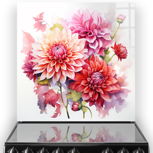 A watercolour kitchen splashback art depicting stunning Dahlias in pink, red, and white, with reflective surface below. thumbnail