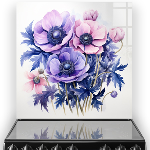 A kitchen splashback adorned with watercolour Anemones in shades of pink, purple, and blue. thumbnail