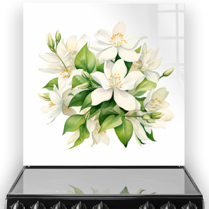 A kitchen splashback with watercolour Jasmine flowers in shades of white, cream, and green. thumbnail