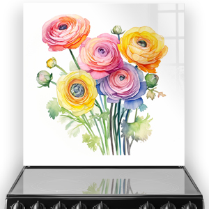 Watercolour painted Ranunculus flowers on kitchen splashback, with pink, orange, yellow, purple, and green colours. thumbnail