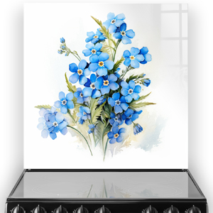 A kitchen splashback with a watercolour painting of blue Forget-me-not flowers against a soft background. thumbnail