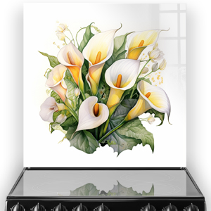 Watercolour painting of Calla Lilies in cream and yellow on kitchen splashback thumbnail