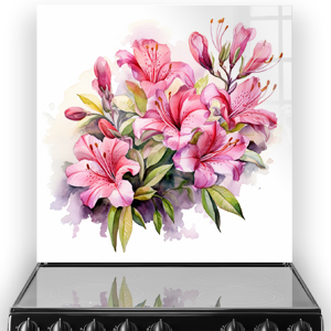 A kitchen splashback with watercolour Azaleas in shades of pink, fuchsia, purple, and green. thumbnail
