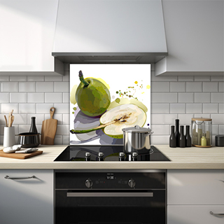Painted-style glass splashback of two pears on a white background, one sliced in half. thumbnail
