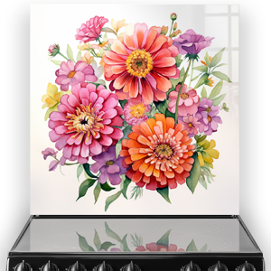 A kitchen splashback displaying watercolour Zinnias in pink, orange, and purple. thumbnail