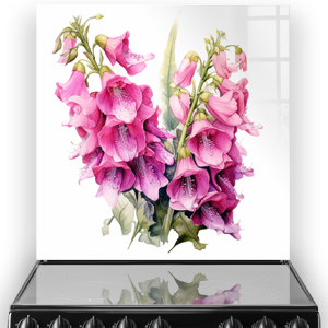 Pink and violet foxgloves watercolour painting on a kitchen splashback. thumbnail