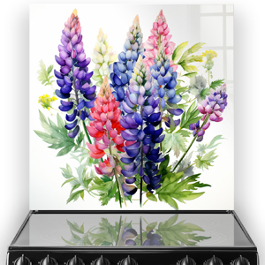Watercolour painting of Lupines in various colours on a kitchen splashback. thumbnail