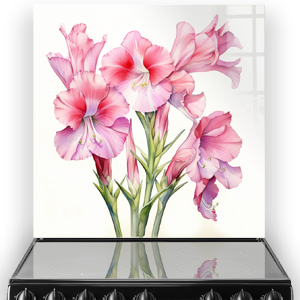 A kitchen splashback depicting pink Gladiolus flowers in watercolour style, with shades of pink and green. thumbnail