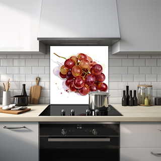 Watercolour glass splashback of a bunch of red grapes on a white background. thumbnail