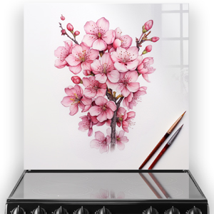 Watercolour Sakura flowers in soft pink and white hues, printed on a kitchen splashback with a paintbrush alongside thumbnail