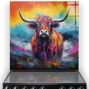 Colourful Highland cow design on a kitchen splashback.