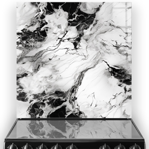 A marble kitchen splashback featuring a swirling black, white, and grey design. thumbnail