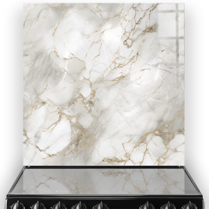 A marble kitchen splashback with white base and golden taupe veining. thumbnail
