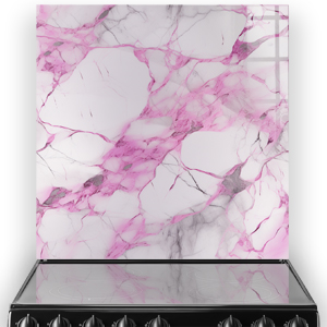 A kitchen splashback showcasing a marble effect with magenta, grey, and white colours. thumbnail