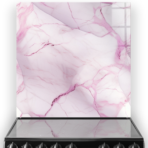 A marble kitchen splashback with white base and crimson-pink veins. thumbnail