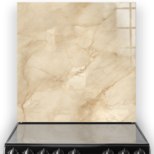 Creamy marble kitchen splashback with golden and honey-coloured veins. thumbnail