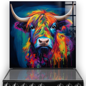 Striking navy blue highland cow kitchen splashback art