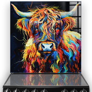 Colorful Highland cow art on kitchen splashback