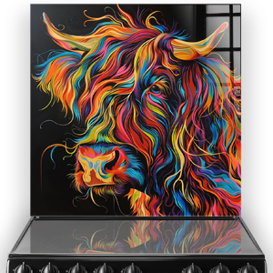 Colorful highland cow kitchen splashback art with radiant rainbow mane against a black background