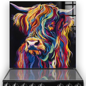 Colourful highland cow art on kitchen splashback
