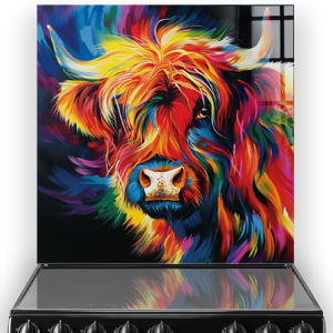 Colourful highland cow art on kitchen splashback above cooker