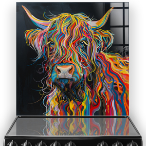 Colourful highland cow artwork on a kitchen splashback with a black background
