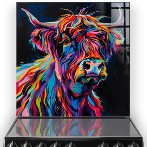 Colourful highland cow art kitchen splashback in modern setting