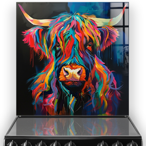 Colourful highland cow painted splashback in a kitchen with rainbow hues on a black background