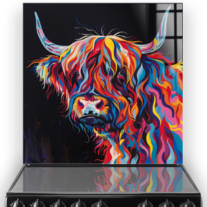 Colourful highland cow printed kitchen splashback