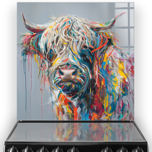 Colourful Highland cow kitchen splashback art in shades of blue, red, and yellow