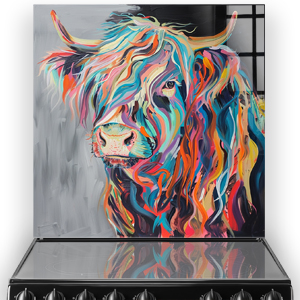 Colourful highland cow kitchen splashback art in "Mull Moonlight" design with vivid multi-coloured brushstrokes on a grey background