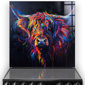 Colourful highland cow design on kitchen splashback