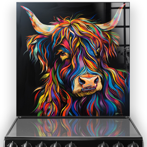 Colourful highland cow art on kitchen splashback, featuring a multicoloured palette with black background
